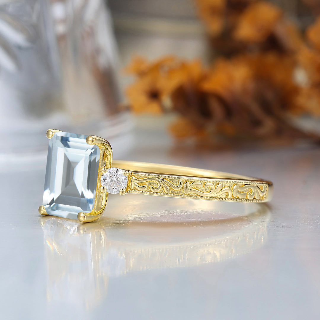 Unique Milgraine 2CT Emerald Cut Aquamarine Wedding Ring For Women 3 Stone Engagement Ring