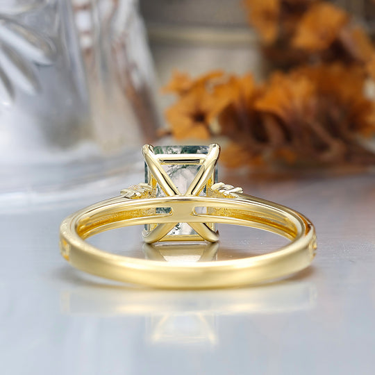 Unique Milgraine 2CT Emerald Cut Moss Agate Wedding Ring For Women 3 Stone Engagement Ring