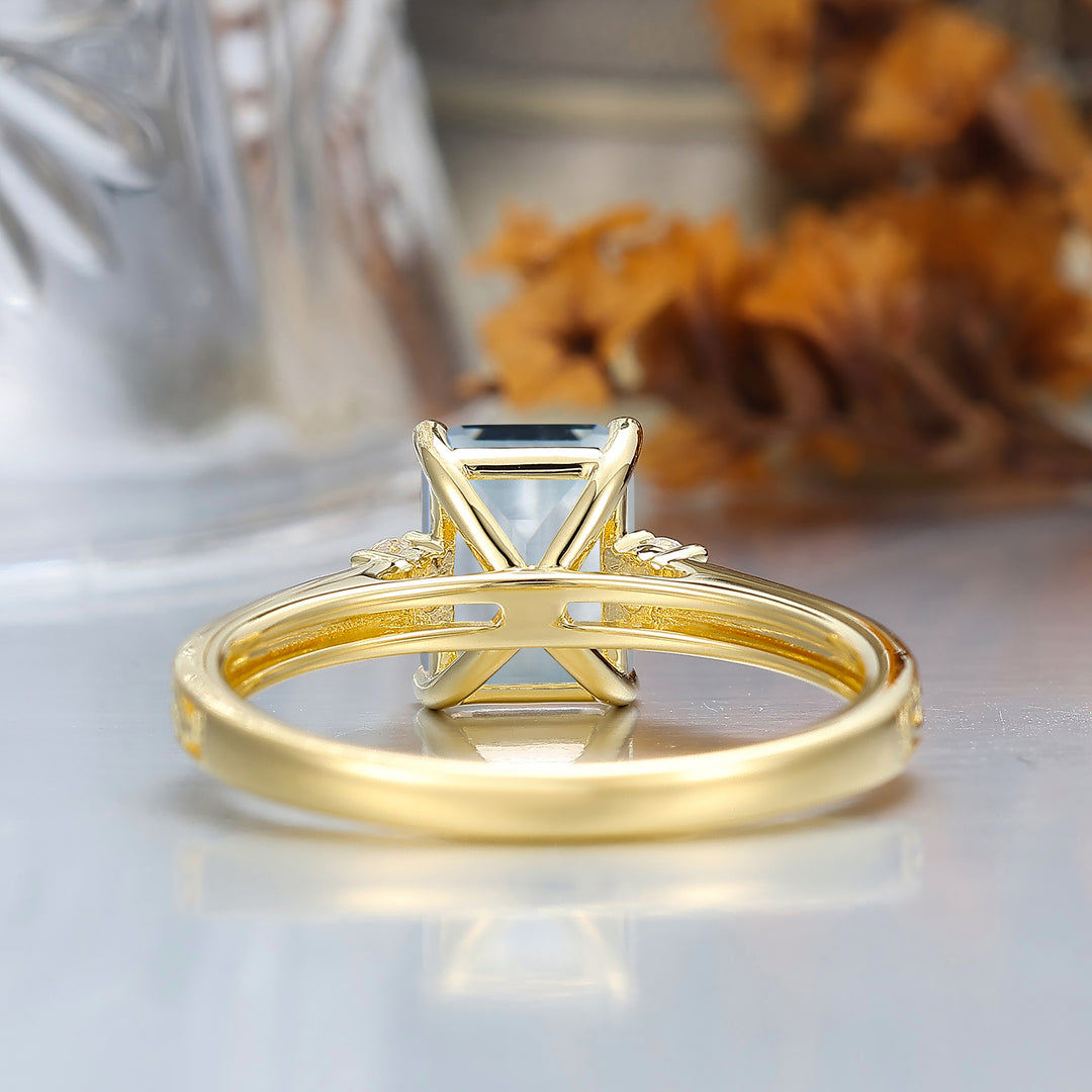 Unique Milgraine 2CT Emerald Cut Aquamarine Wedding Ring For Women 3 Stone Engagement Ring