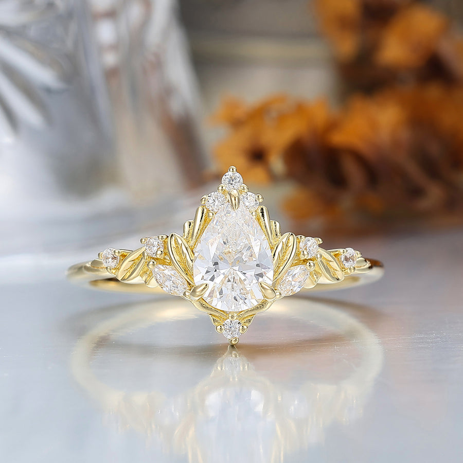 Dainty Pear Cut Moissanite Engagement Ring Solid Yellow Gold Leaf Engraved Women Ring -  Esdomera.com