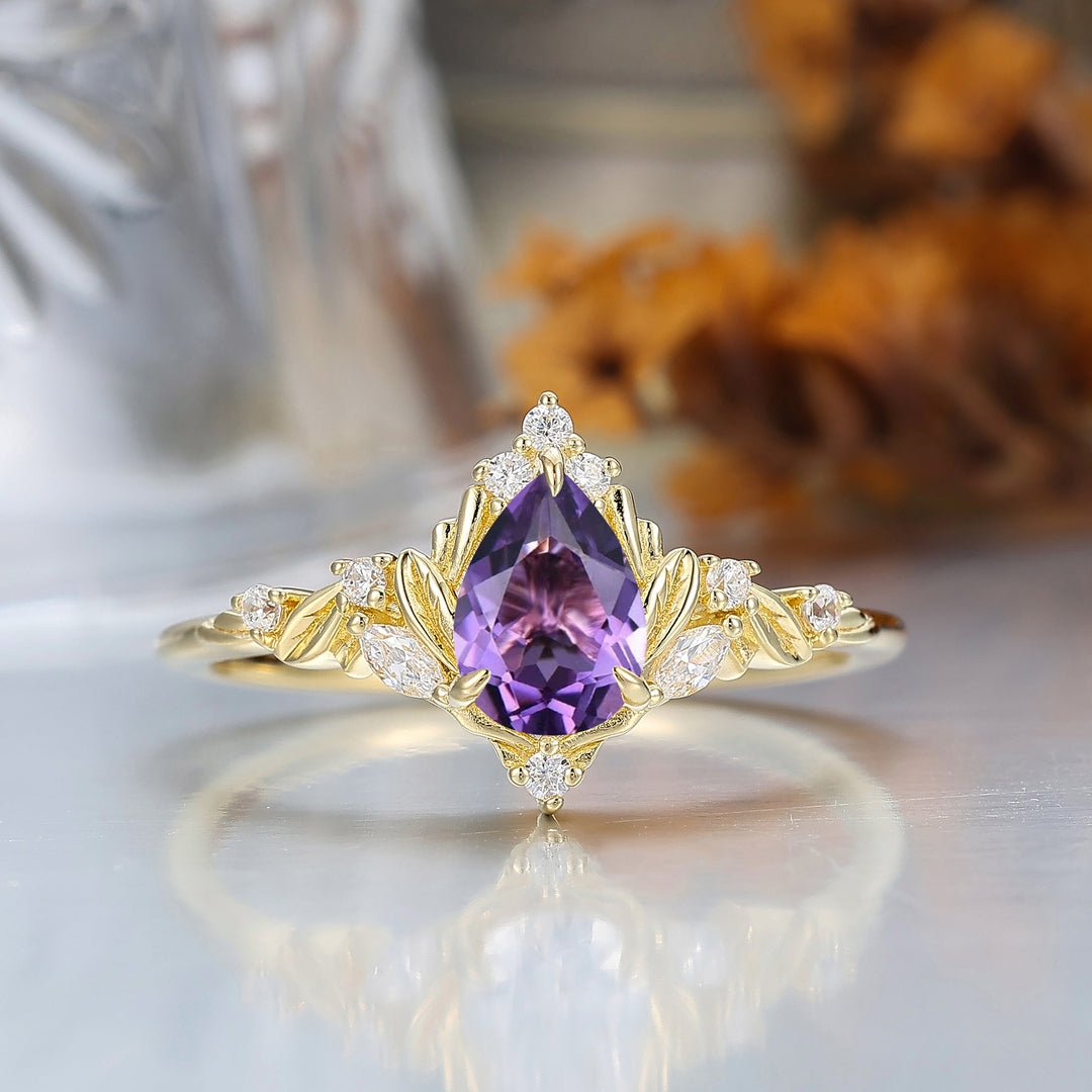 Dainty Pear Cut Amethyst Engagement Ring Solid Yellow Gold Leaf Engraved Women Ring