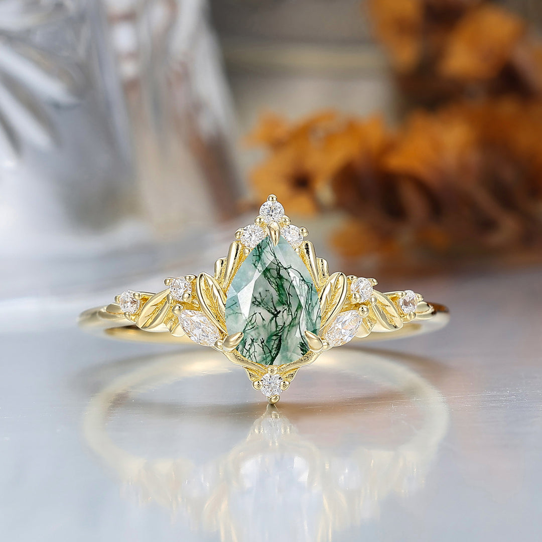 Dainty Pear Cut Moss Agate Engagement Ring Solid Yellow Gold Leaf Engraved Women Ring