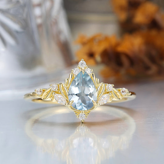 Dainty Pear Cut Aquamarine Engagement Ring Solid Yellow Gold Leaf Engraved Women Ring
