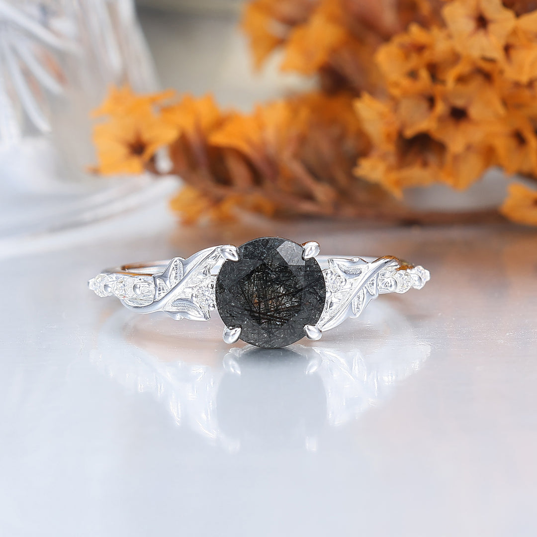 Bague de Fiançailles Mystique Ronde en Quartz Rutile Noir Naturel, Bague de Mariage Inspirée de la Vigne