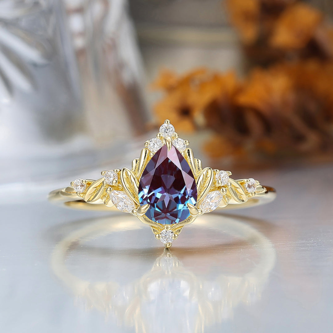 Dainty Pear Cut Alexandrite Engagement Ring Solid Yellow Gold Leaf Engraved Women Ring