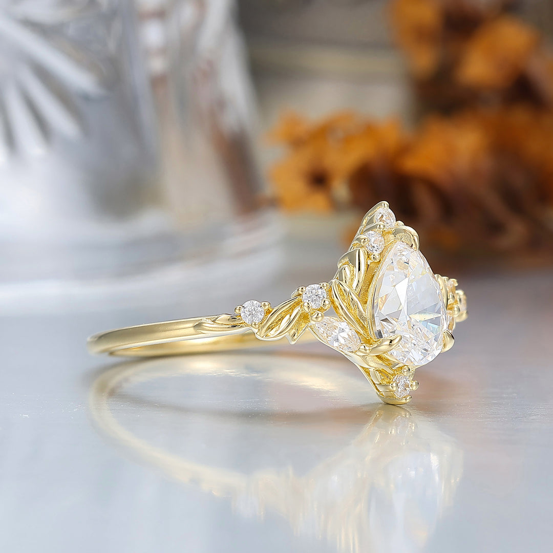 Dainty Pear Cut Moissanite Engagement Ring Solid Yellow Gold Leaf Engraved Women Ring
