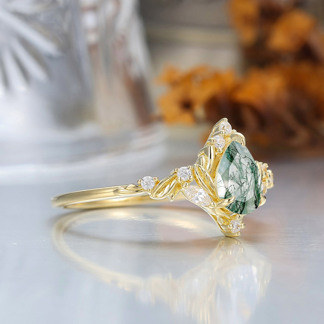 Dainty Pear Cut Moss Agate Engagement Ring Solid Yellow Gold Leaf Engraved Women Ring