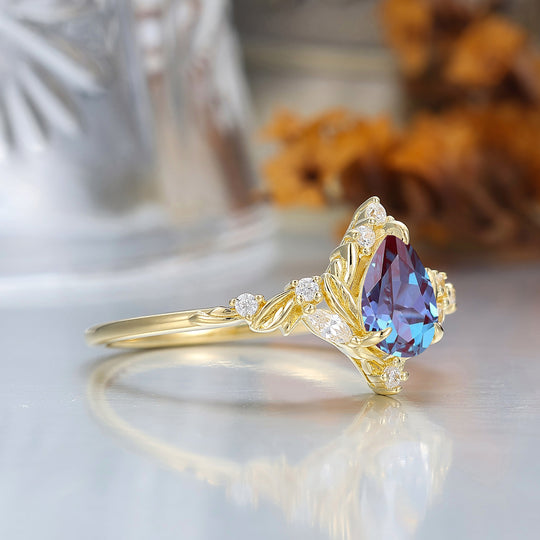 Dainty Pear Cut Alexandrite Engagement Ring Solid Yellow Gold Leaf Engraved Women Ring