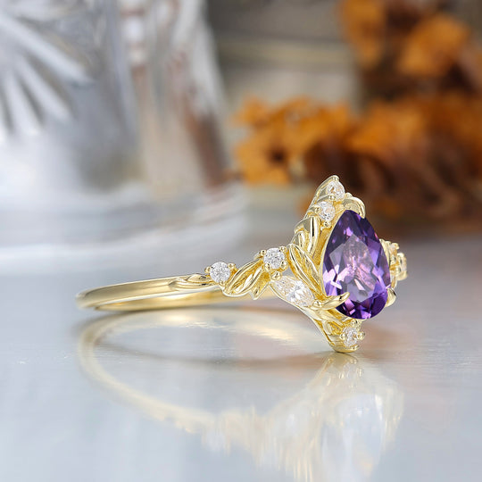 Dainty Pear Cut Amethyst Engagement Ring Solid Yellow Gold Leaf Engraved Women Ring