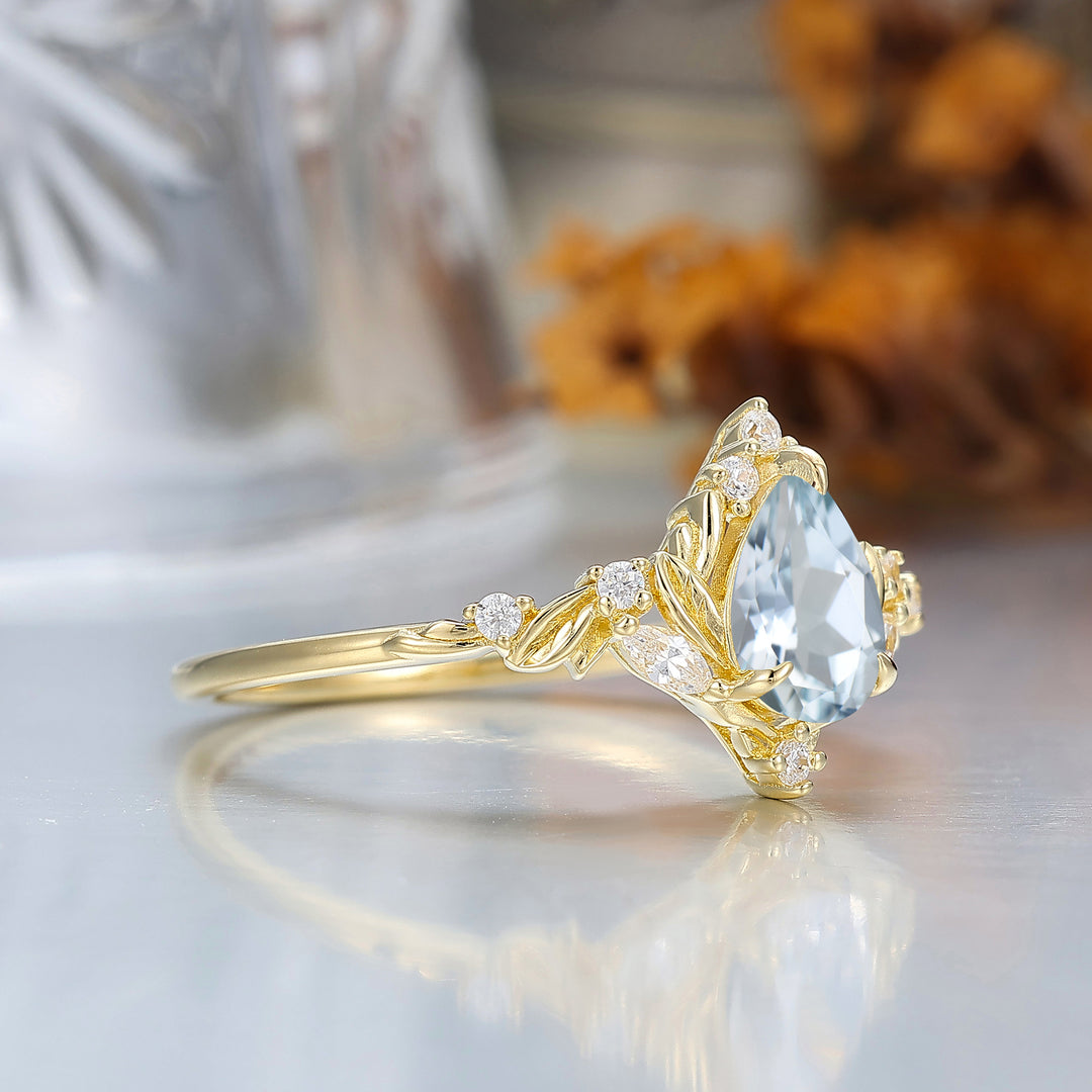Dainty Pear Cut Aquamarine Engagement Ring Solid Yellow Gold Leaf Engraved Women Ring