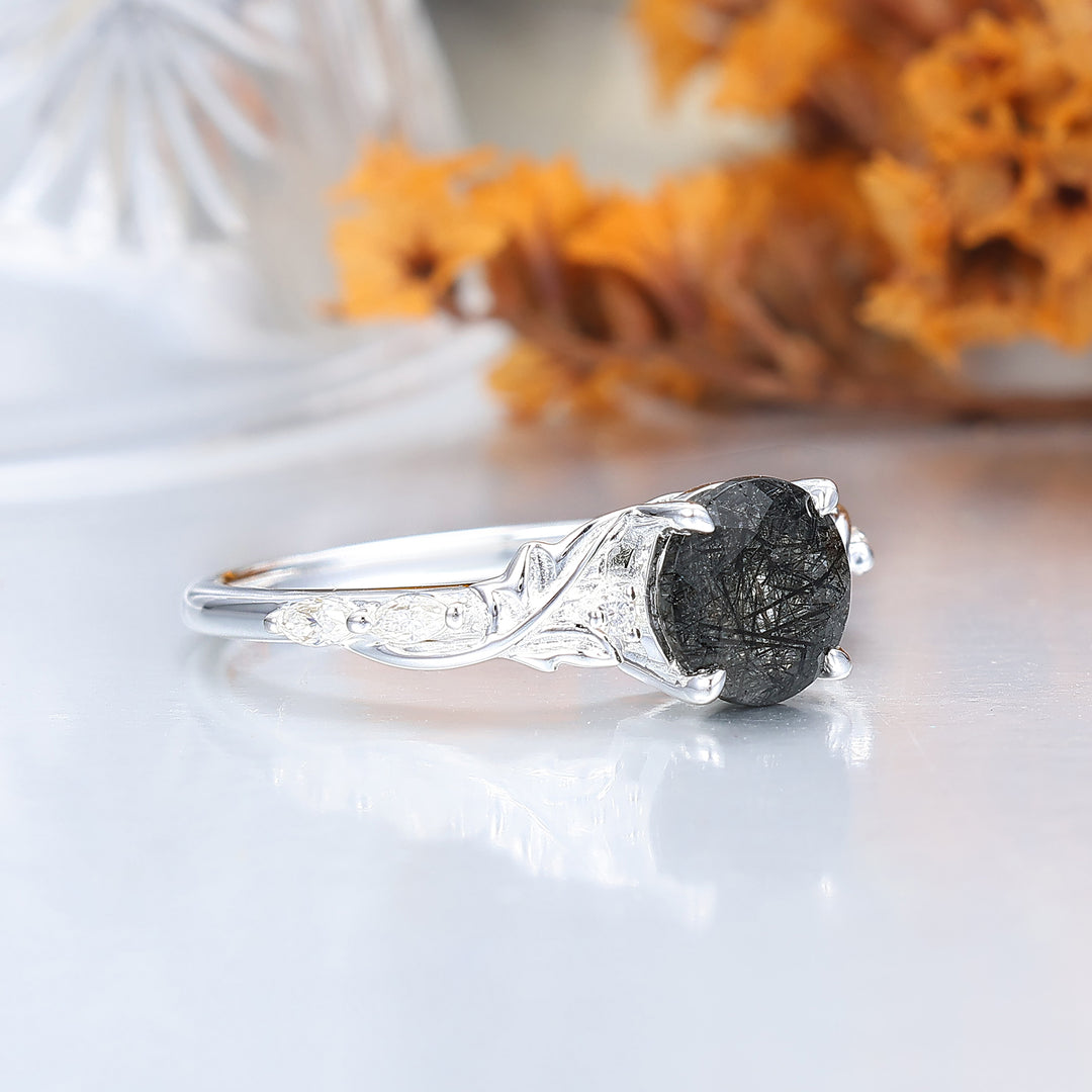 Bague de Fiançailles Mystique Ronde en Quartz Rutile Noir Naturel, Bague de Mariage Inspirée de la Vigne
