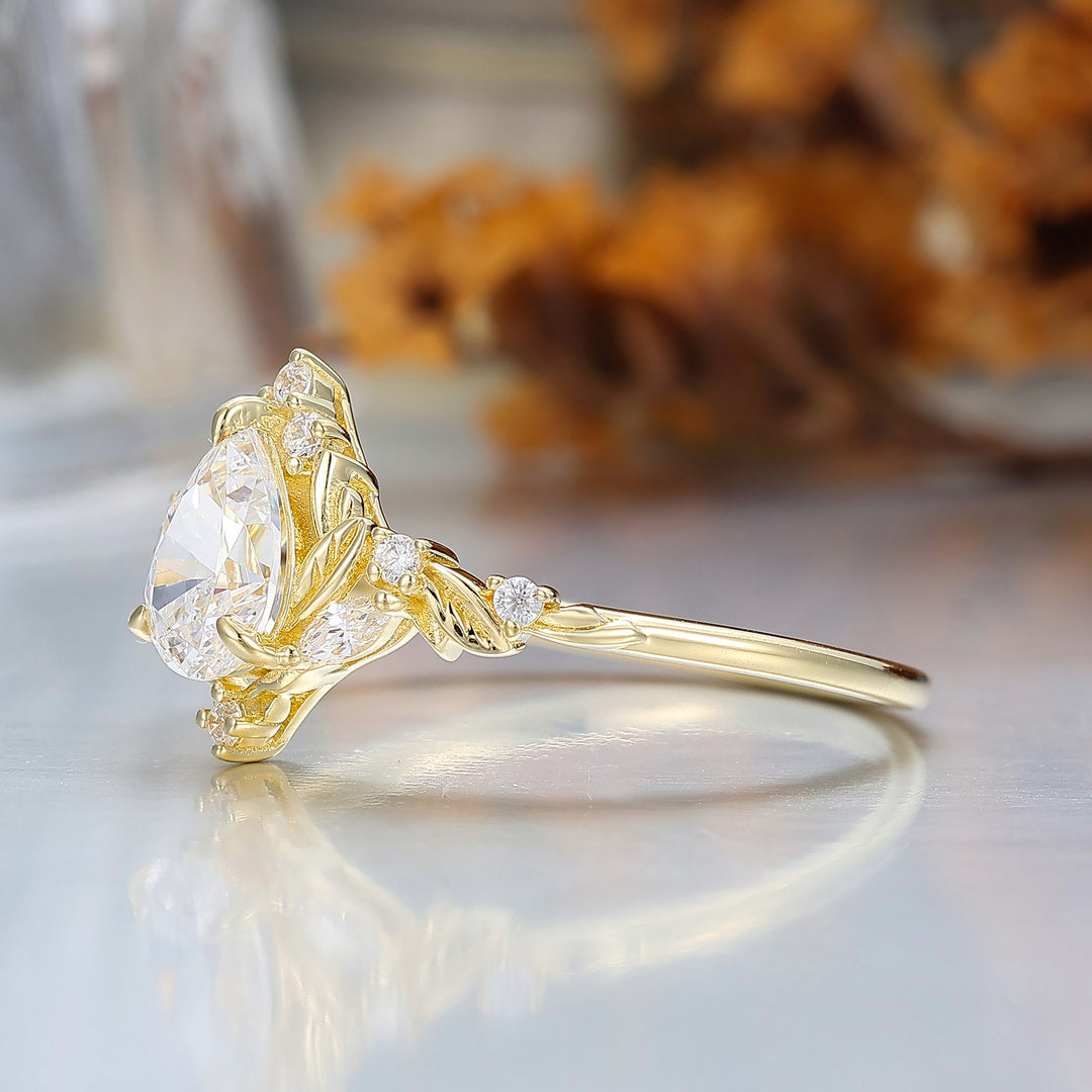 Dainty Pear Cut Moissanite Engagement Ring Solid Yellow Gold Leaf Engraved Women Ring