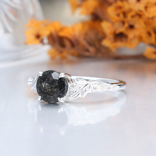 Bague de Fiançailles Mystique Ronde en Quartz Rutile Noir Naturel, Bague de Mariage Inspirée de la Vigne