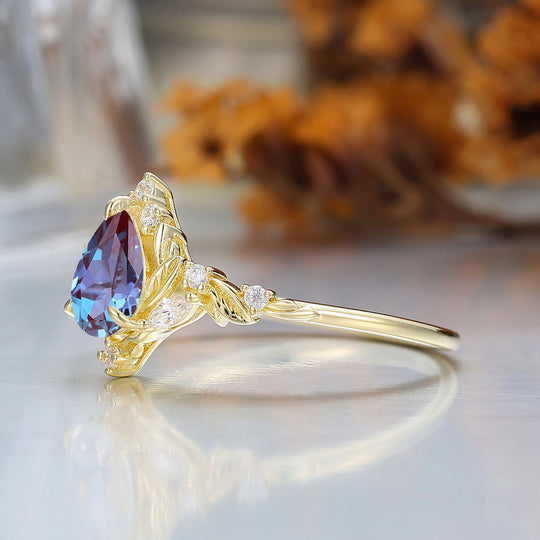Dainty Pear Cut Alexandrite Engagement Ring Solid Yellow Gold Leaf Engraved Women Ring