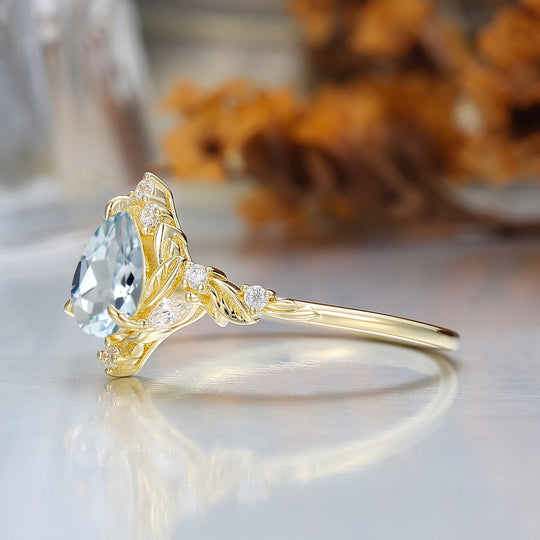 Dainty Pear Cut Aquamarine Engagement Ring Solid Yellow Gold Leaf Engraved Women Ring