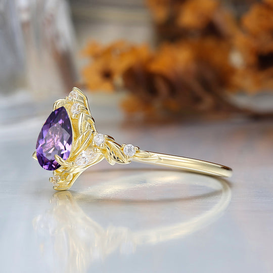 Dainty Pear Cut Amethyst Engagement Ring Solid Yellow Gold Leaf Engraved Women Ring