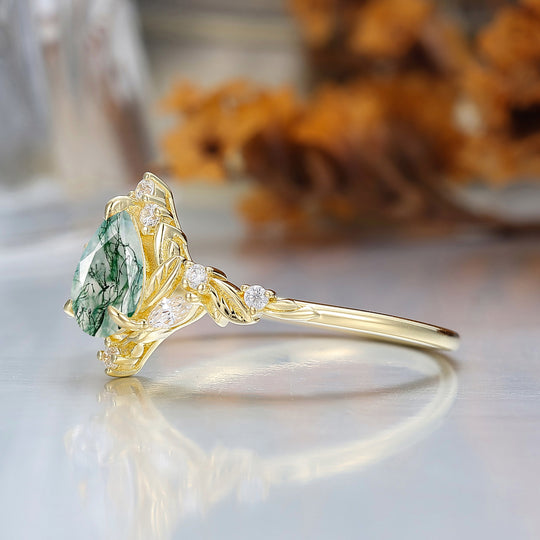 Dainty Pear Cut Moss Agate Engagement Ring Solid Yellow Gold Leaf Engraved Women Ring
