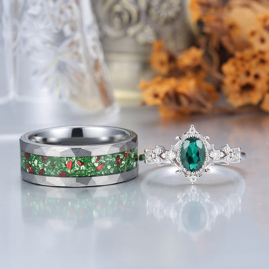 Baroque-inspired Green Emerald Couple Rings Unique Scrollwork Matching Rings For Couples