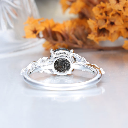 Bague de Fiançailles Mystique Ronde en Quartz Rutile Noir Naturel, Bague de Mariage Inspirée de la Vigne