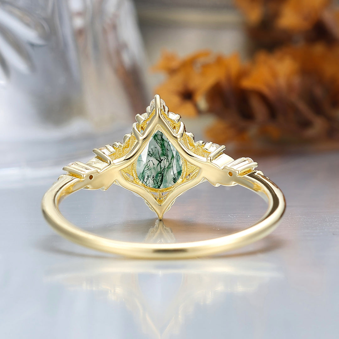 Dainty Pear Cut Moss Agate Engagement Ring Solid Yellow Gold Leaf Engraved Women Ring