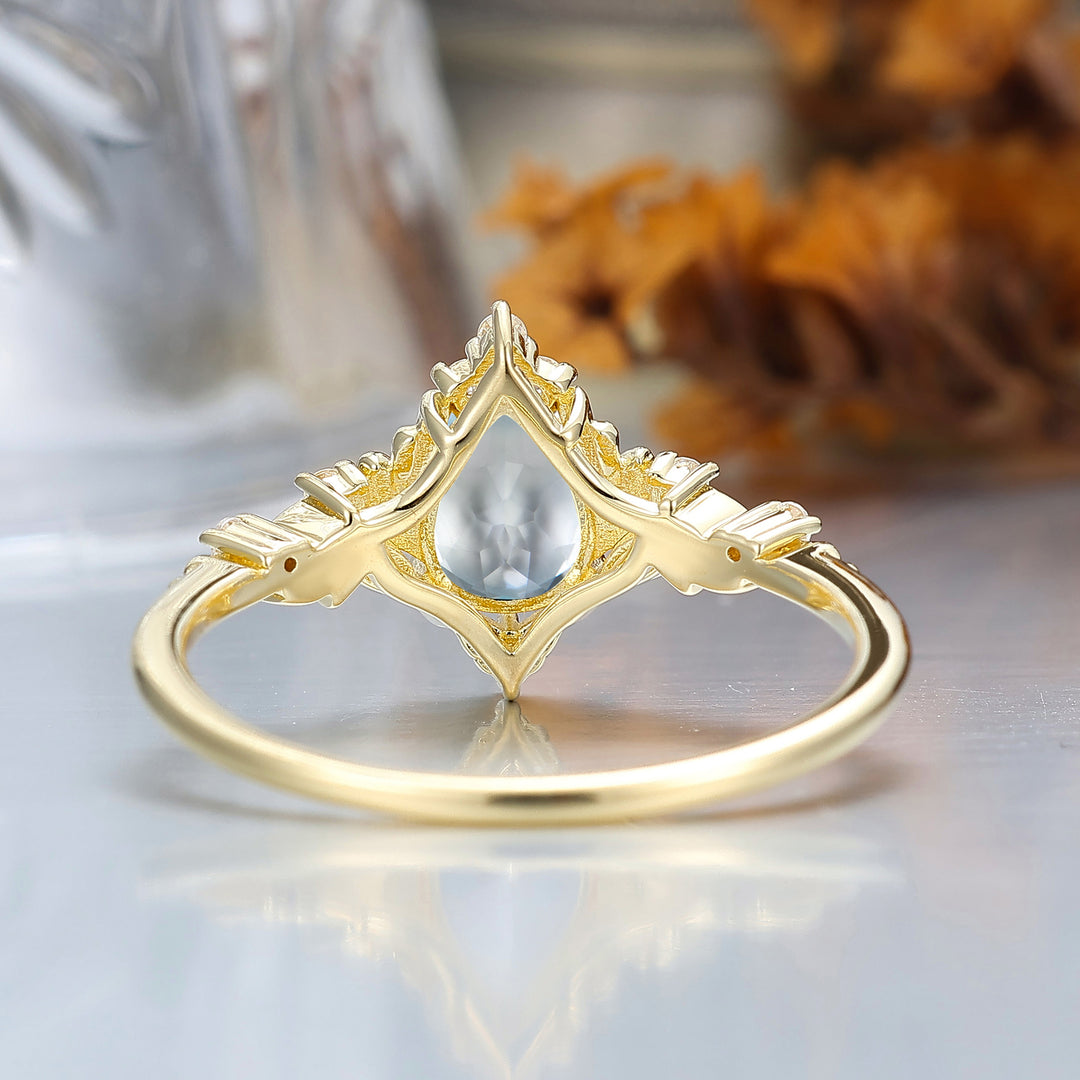Dainty Pear Cut Aquamarine Engagement Ring Solid Yellow Gold Leaf Engraved Women Ring