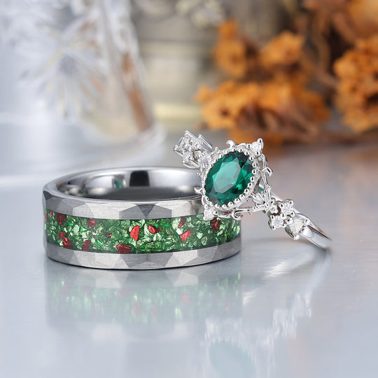Baroque-inspired Green Emerald Couple Rings Unique Scrollwork Matching Rings For Couples