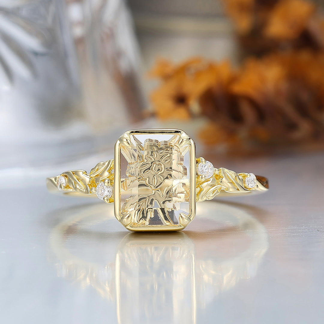 Floral Engraved Flat-bottomed Moissanite Bridal Ring Natural Inspired Leaf Moissanite Women Ring