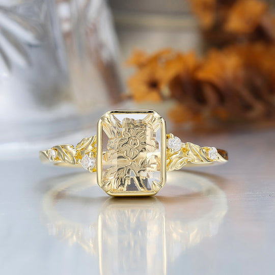 Floral Engraved Flat-bottomed Moissanite Bridal Ring Natural Inspired Leaf Moissanite Women Ring
