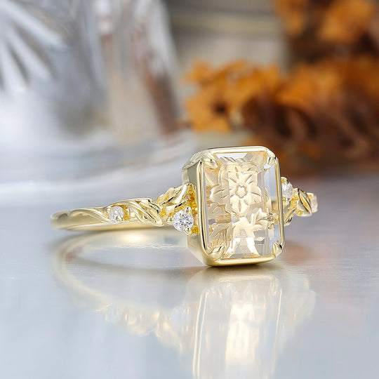 Floral Engraved Flat-bottomed Moissanite Bridal Ring Natural Inspired Leaf Moissanite Women Ring