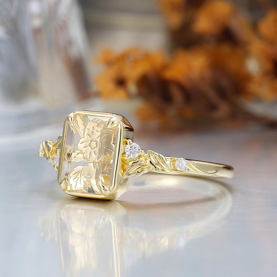 Floral Engraved Flat-bottomed Moissanite Bridal Ring Natural Inspired Leaf Moissanite Women Ring