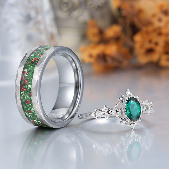 Baroque-inspired Green Emerald Couple Rings Unique Scrollwork Matching Rings For Couples