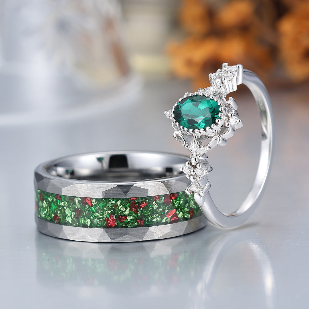 Baroque-inspired Green Emerald Couple Rings Unique Scrollwork Matching Rings For Couples