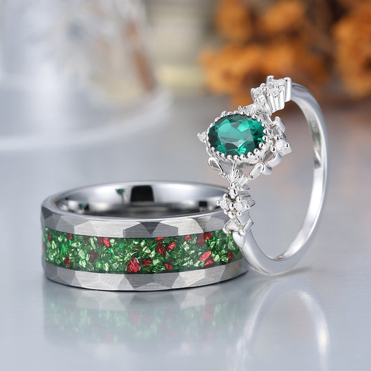 Baroque-inspired Green Emerald Couple Rings Unique Scrollwork Matching Rings For Couples
