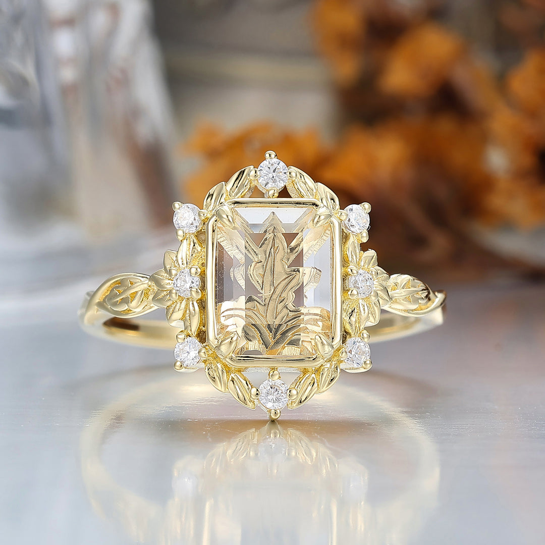 Leaf Style Flat-bottomed Moissanite Engagement Ring Unique Solid Yellow Gold Wedding Ring For Her