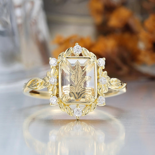 Leaf Style Flat-bottomed Moissanite Engagement Ring Unique Solid Yellow Gold Wedding Ring For Her