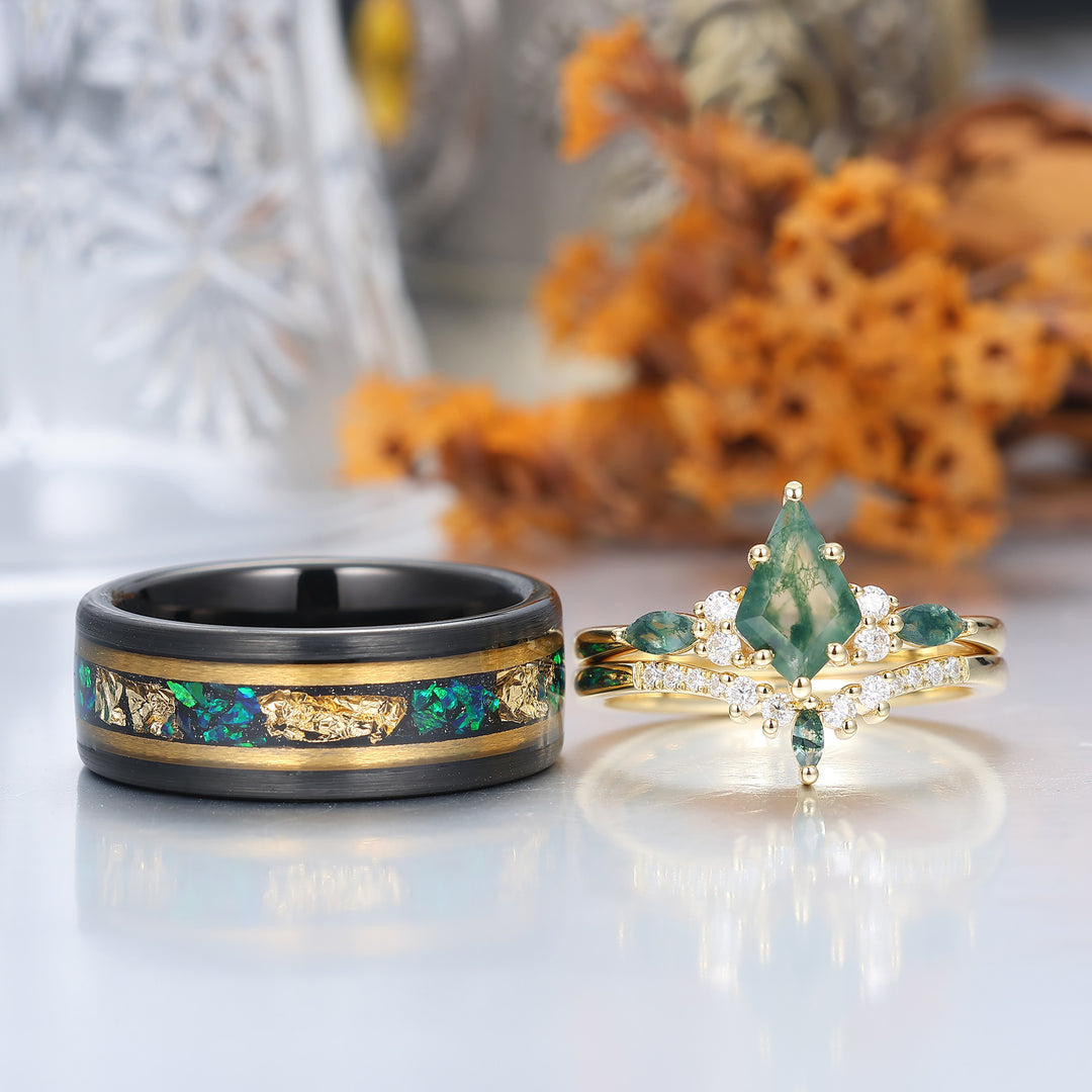 Kite Green Moss Agate His and Hers Wedding Band Unique Tungsten Couples Ring Set