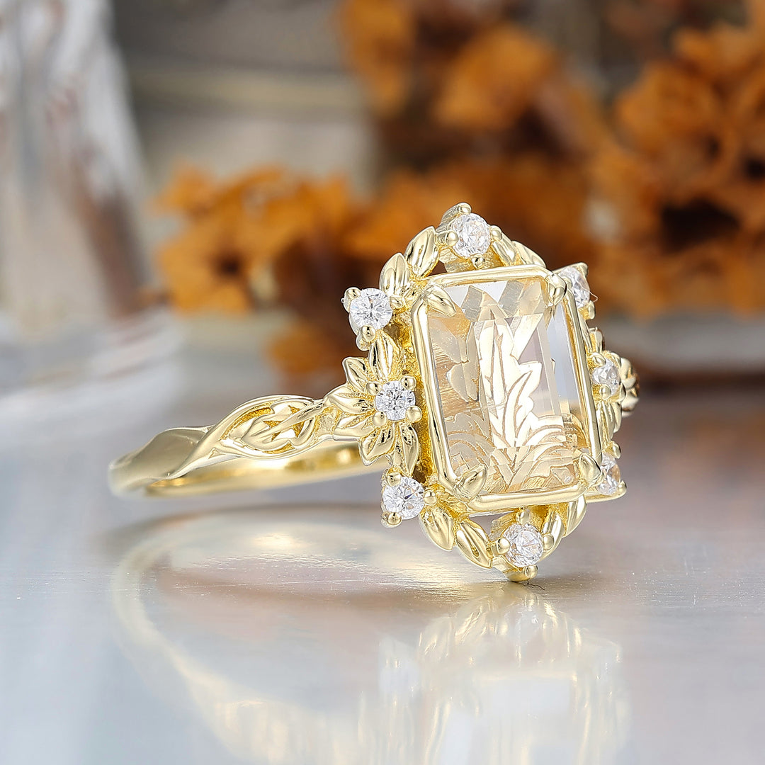 Leaf Style Flat-bottomed Moissanite Engagement Ring Unique Solid Yellow Gold Wedding Ring For Her