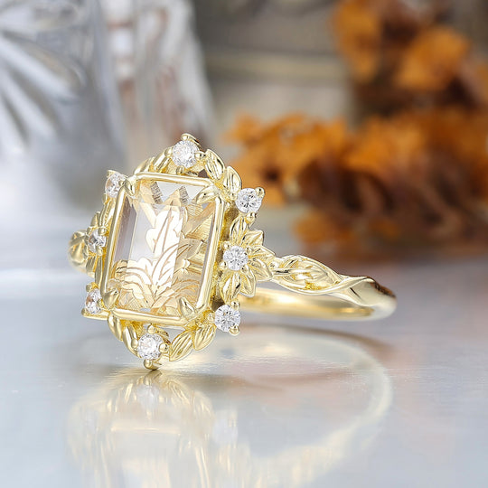 Leaf Style Flat-bottomed Moissanite Engagement Ring Unique Solid Yellow Gold Wedding Ring For Her