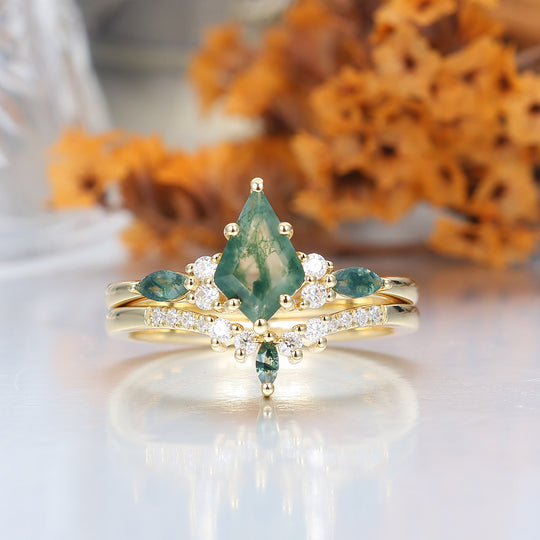 Kite Green Moss Agate His and Hers Wedding Band Unique Tungsten Couples Ring Set