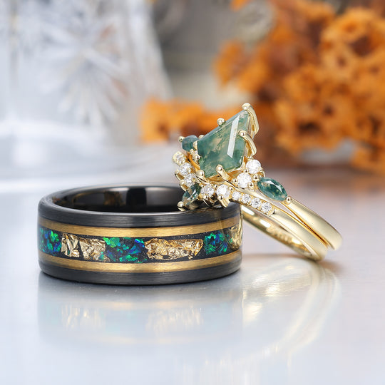 Kite Green Moss Agate His and Hers Wedding Band Unique Tungsten Couples Ring Set