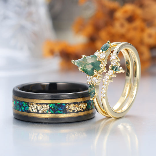 Kite Green Moss Agate His and Hers Wedding Band Unique Tungsten Couples Ring Set