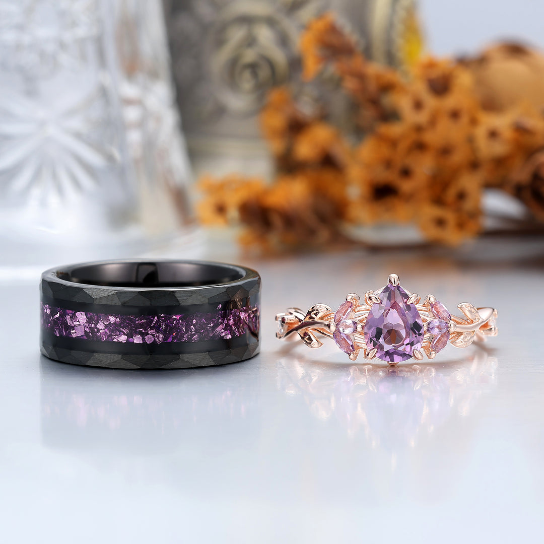 Leaf Design Purple Amethyst His And Hers Wedding Rings Natural Inspired Amethyst Couple Rings
