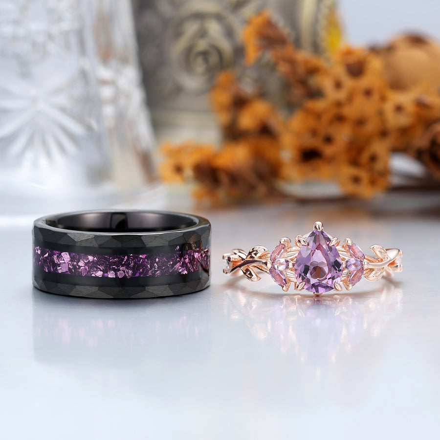 Leaf Design Purple Amethyst His And Hers Wedding Rings Natural Inspired Amethyst Couple Rings