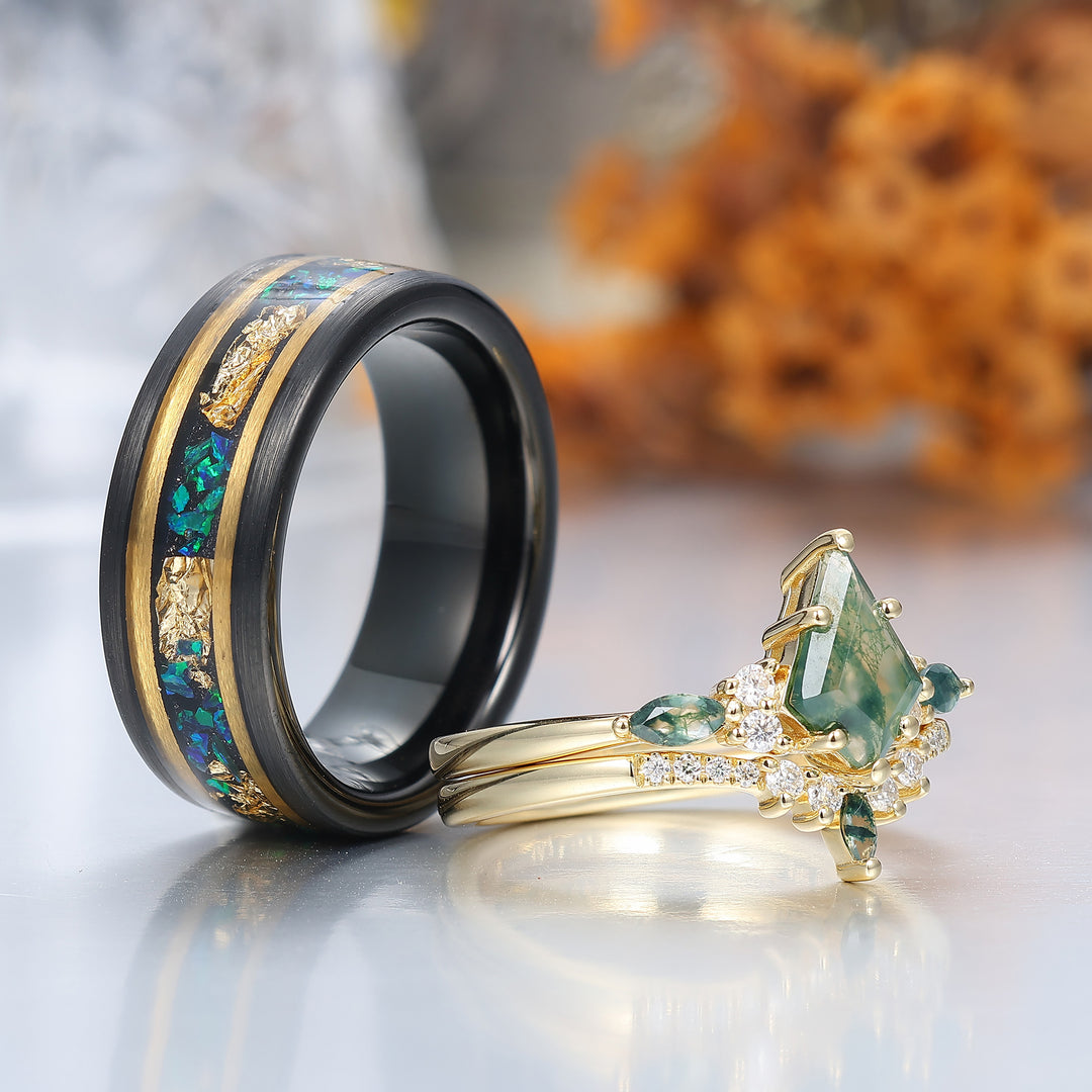 Kite Green Moss Agate His and Hers Wedding Band Unique Tungsten Couples Ring Set