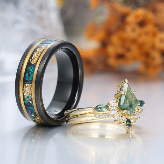 Kite Green Moss Agate His and Hers Wedding Band Unique Tungsten Couples Ring Set
