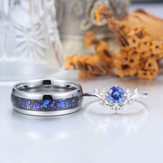 Brilliant Galaxy Sandstone Leaf Shape Couples Ring Set Blue Shining Tungsten Matching Ring -  Esdomera.com