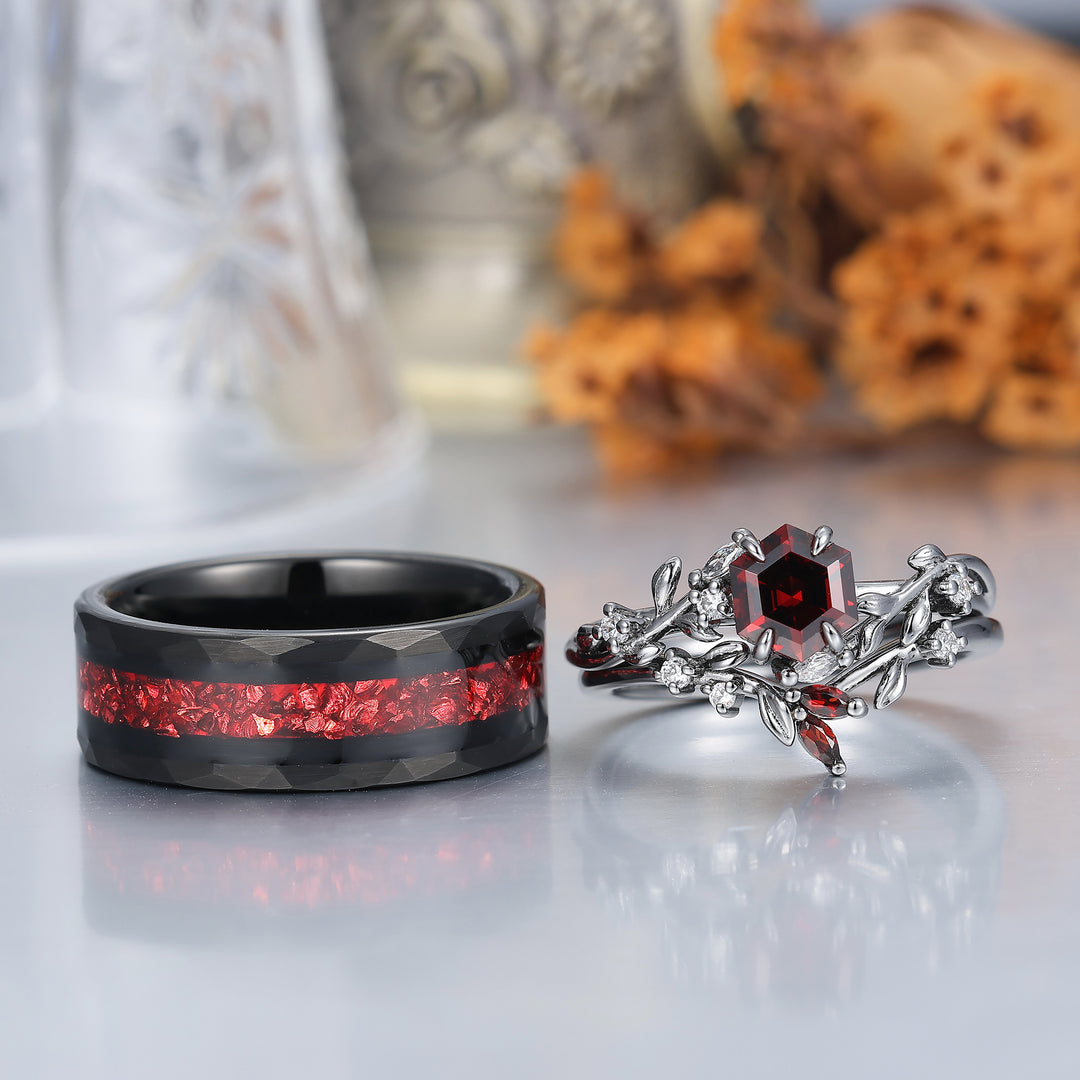 Set di Anelli Coppia in Granato Rosso Ispirato alla Natura Stile Foglia Rosso e Nero 3 Pezzi Set di Fedi Nuziali per Lui e per Lei