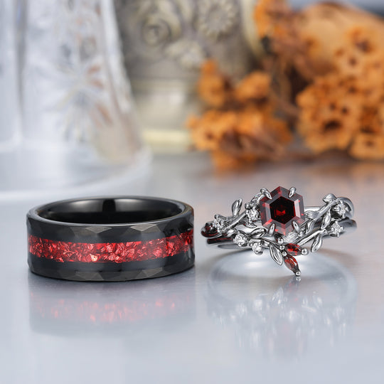 Set di Anelli Coppia in Granato Rosso Ispirato alla Natura Stile Foglia Rosso e Nero 3 Pezzi Set di Fedi Nuziali per Lui e per Lei