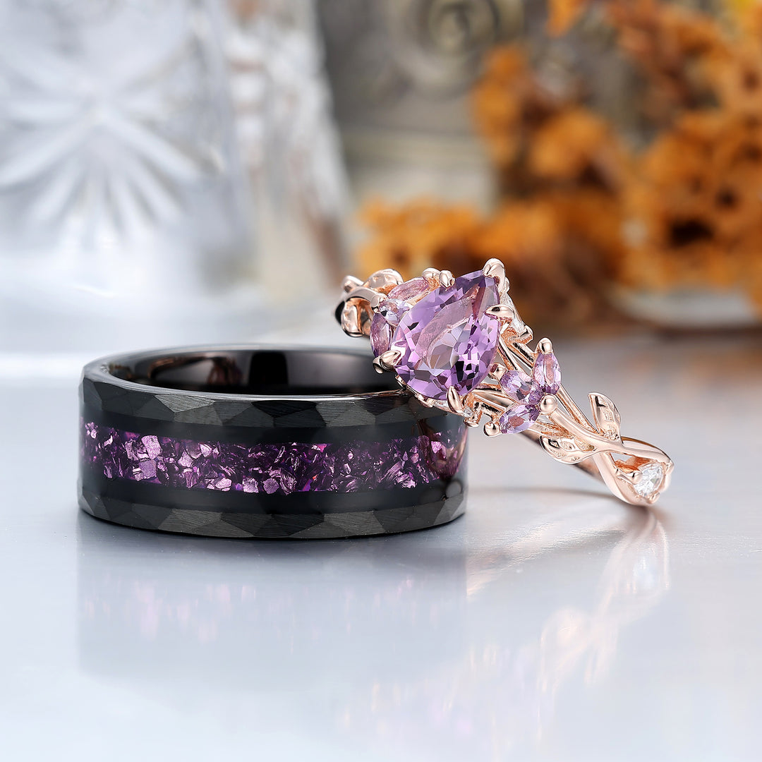 Leaf Design Purple Amethyst His And Hers Wedding Rings Natural Inspired Amethyst Couple Rings