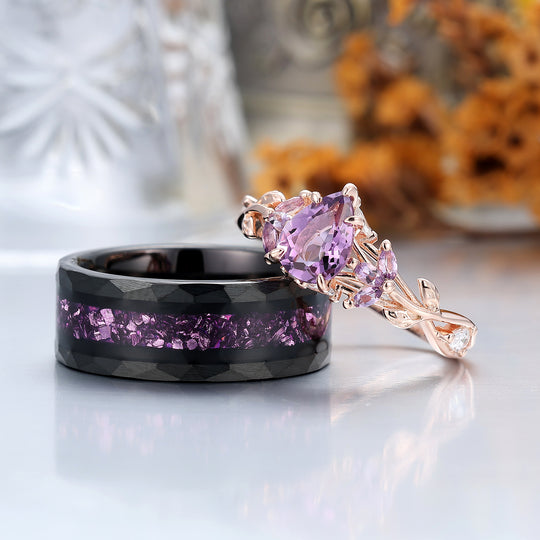 Leaf Design Purple Amethyst His And Hers Wedding Rings Natural Inspired Amethyst Couple Rings
